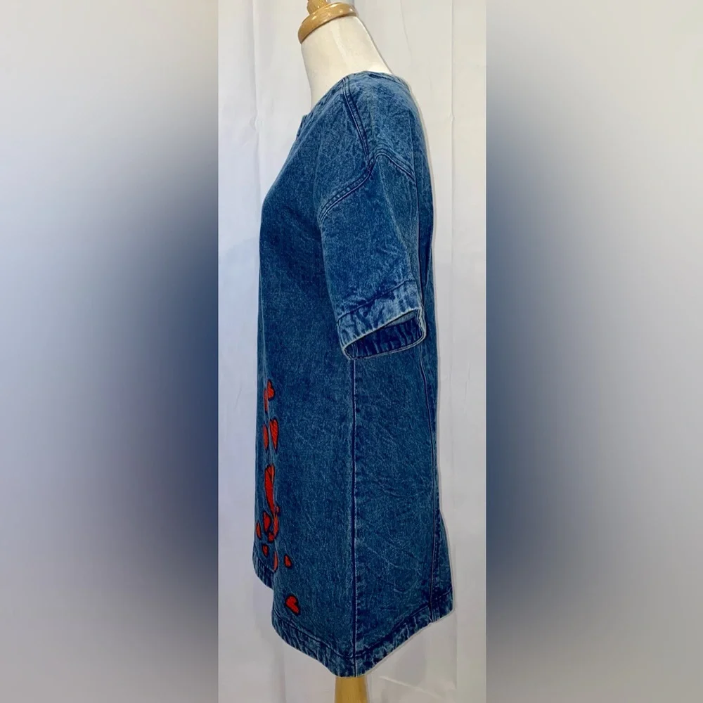 Anthropologie Dhruv Kapoor Embroidered Hearts Denim Short Sleeve Mini Dress - Picture 7 of 11